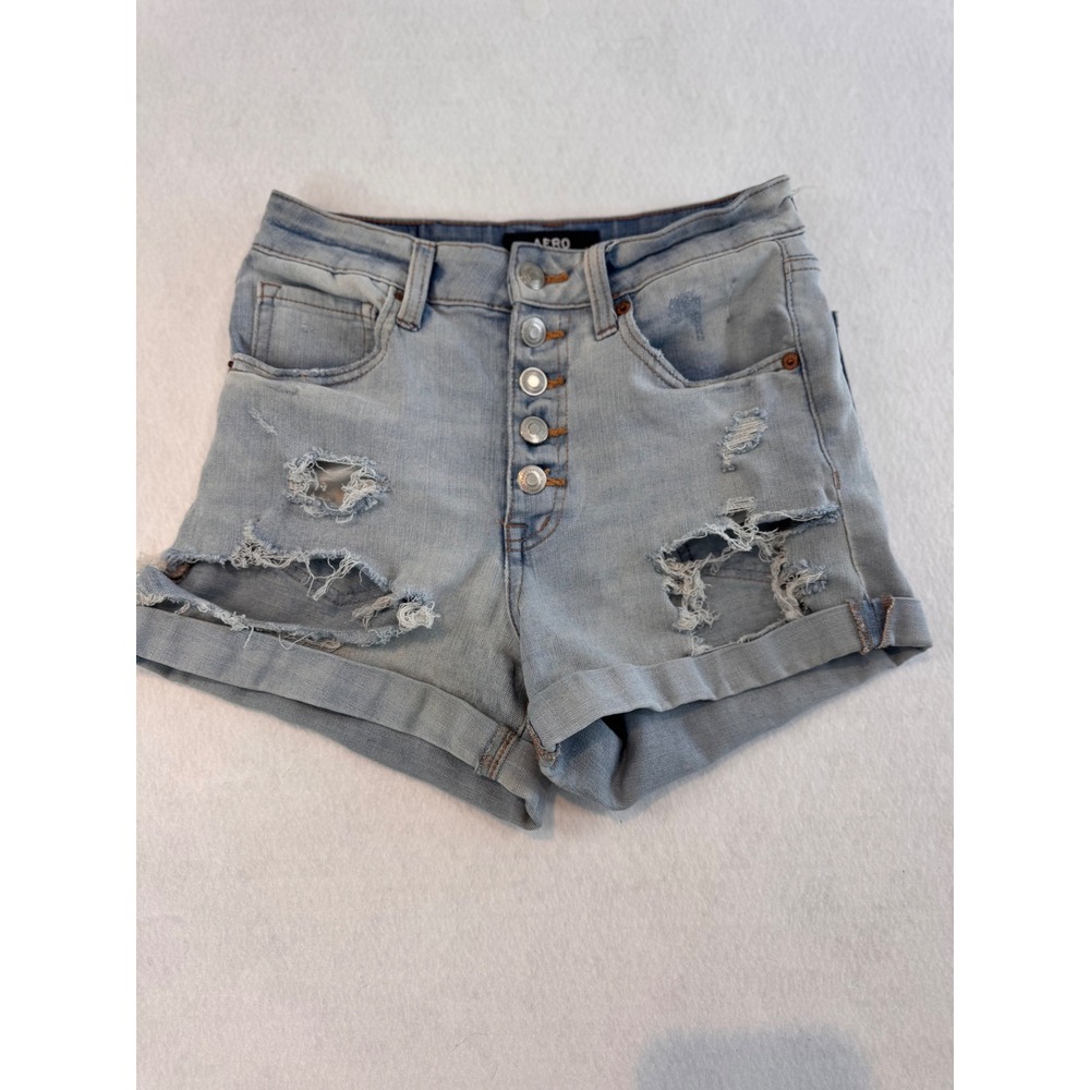 Aero Super High Rise Midi Distressed Denim Shorts Light Wash Button Fly Size 4 - Picture 1 of 7